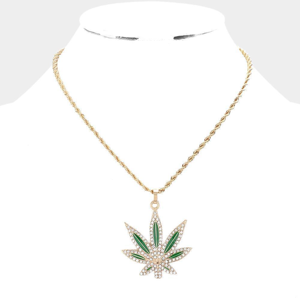Green Rhinestone Embellished Enamel Metal Hemp Leaf Pendant Necklace - Jewelry Store by Erik Rayo