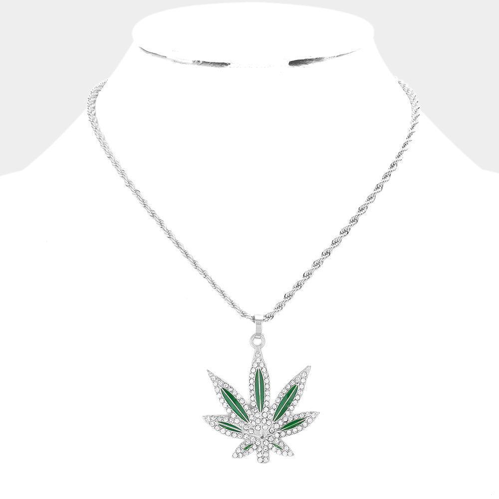 Green Rhinestone Embellished Enamel Metal Hemp Leaf Pendant Necklace - Jewelry Store by Erik Rayo
