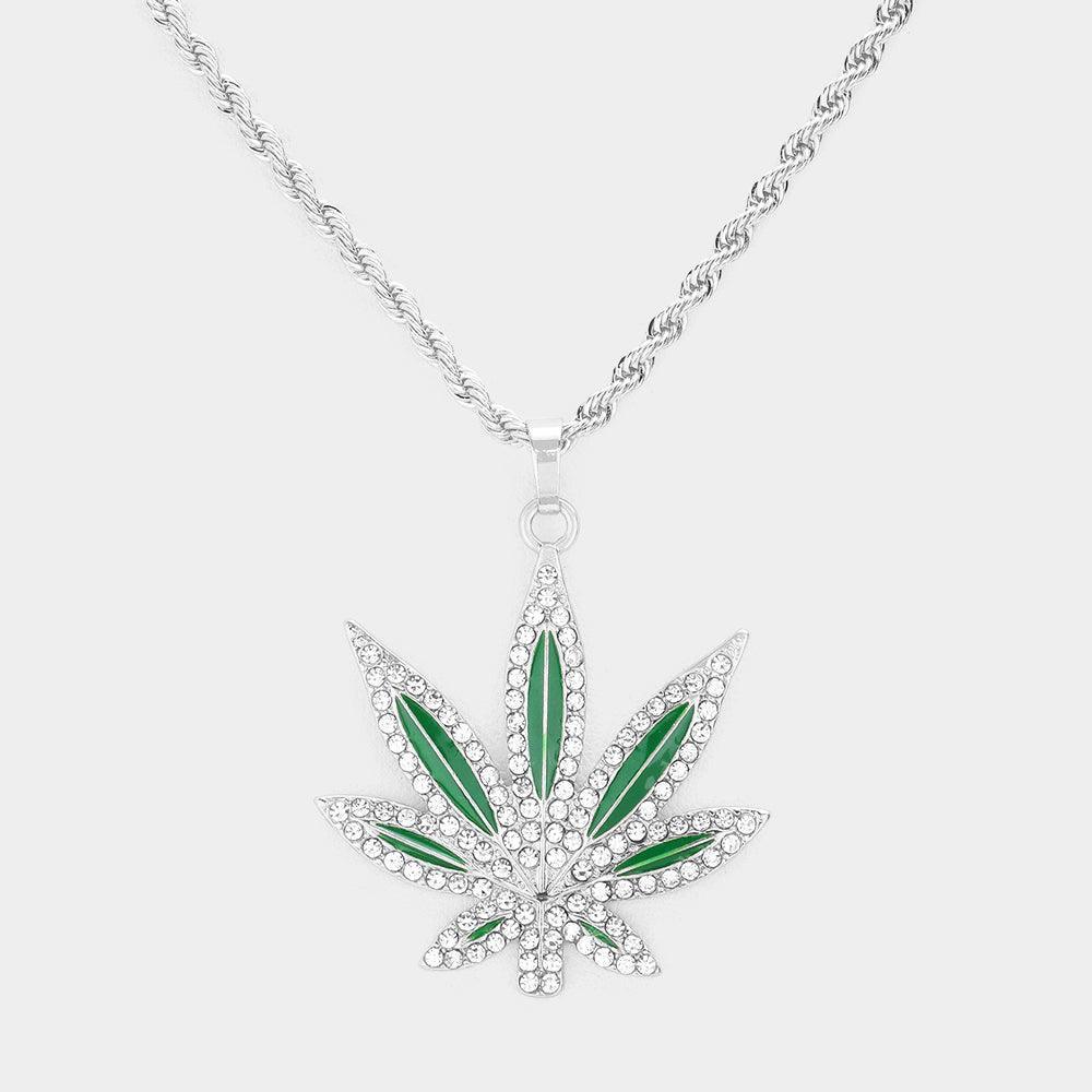 Green Rhinestone Embellished Enamel Metal Hemp Leaf Pendant Necklace - Jewelry Store by Erik Rayo