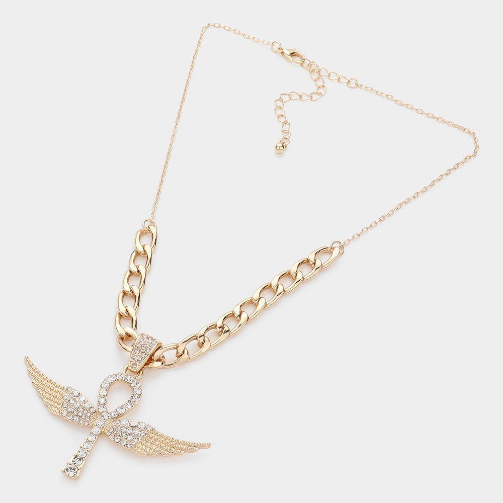 Gold Rhinestone Embellished Metal Angel Wing Key Pendant Chain Necklace - Jewelry Store by Erik Rayo