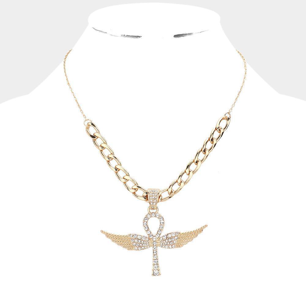 Gold Rhinestone Embellished Metal Angel Wing Key Pendant Chain Necklace - Jewelry Store by Erik Rayo