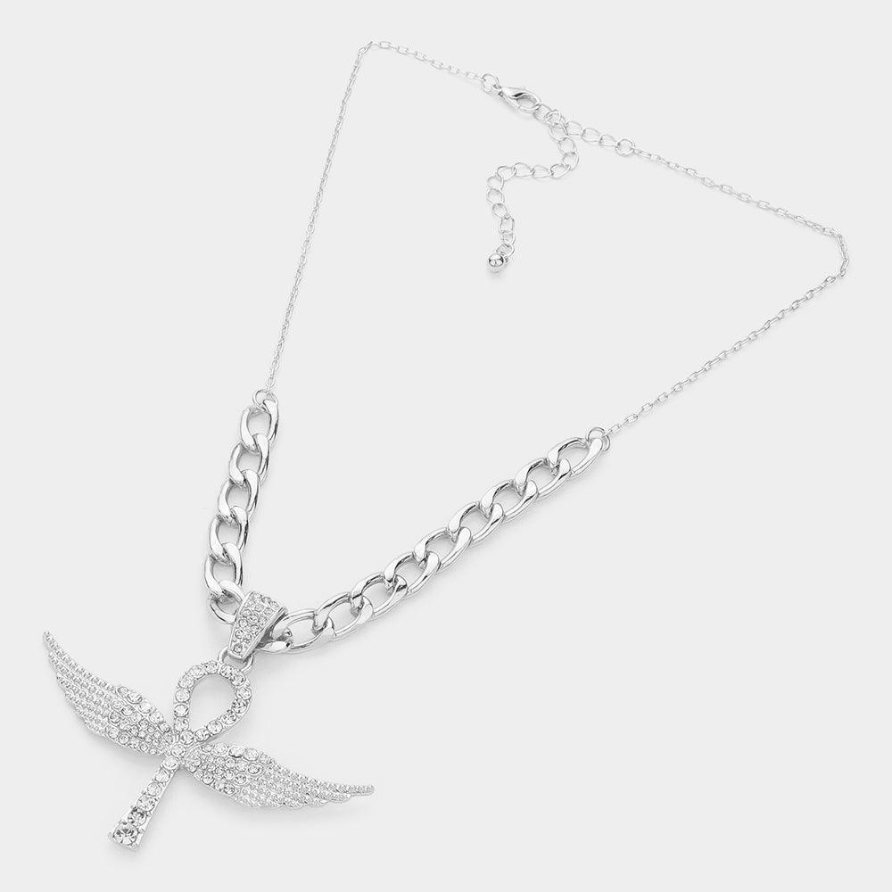 Rhinestone Embellished Metal Angel Wing Key Pendant Chain Necklace - Jewelry Store by Erik Rayo