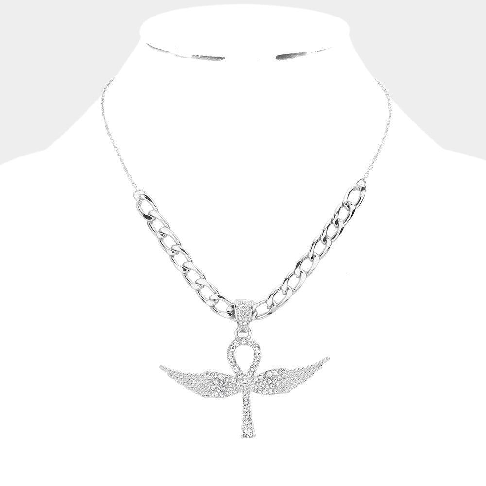 Rhinestone Embellished Metal Angel Wing Key Pendant Chain Necklace - Jewelry Store by Erik Rayo