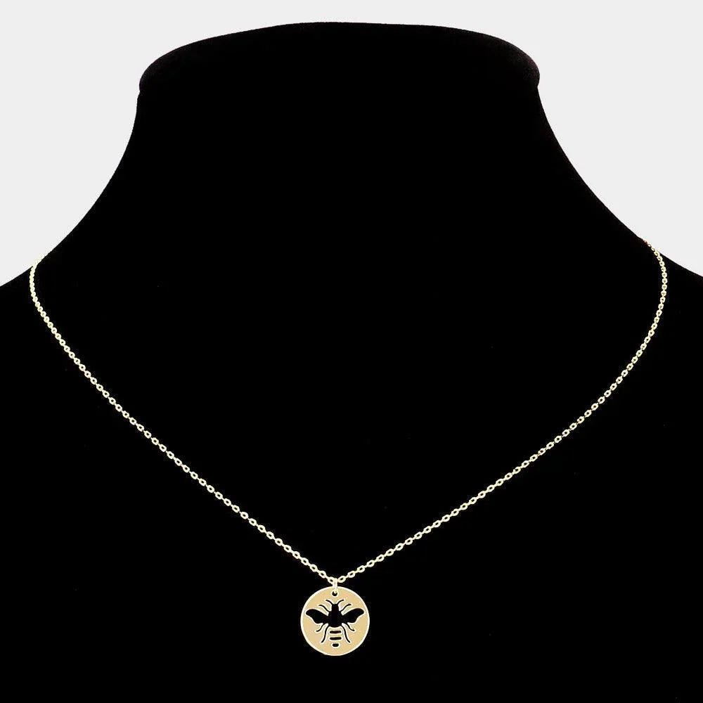 Gold Cut Out Honey Bee Accented Brass Metal Disc Pendant Necklace - Jewelry Store by Erik Rayo