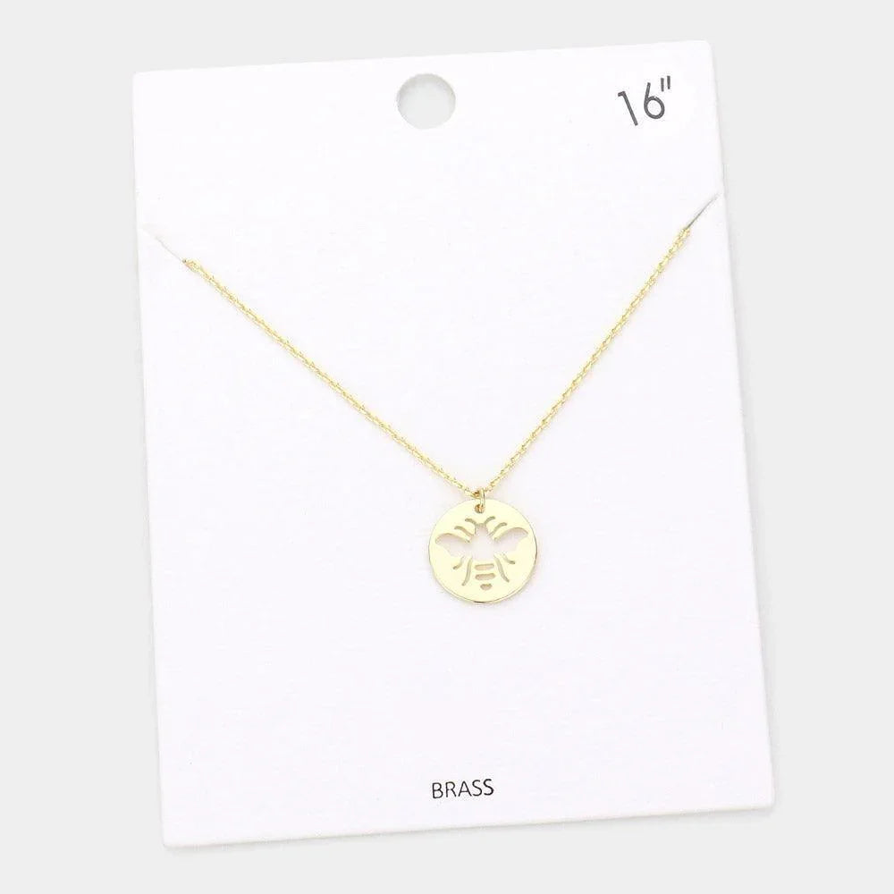 Gold Cut Out Honey Bee Accented Brass Metal Disc Pendant Necklace - Jewelry Store by Erik Rayo