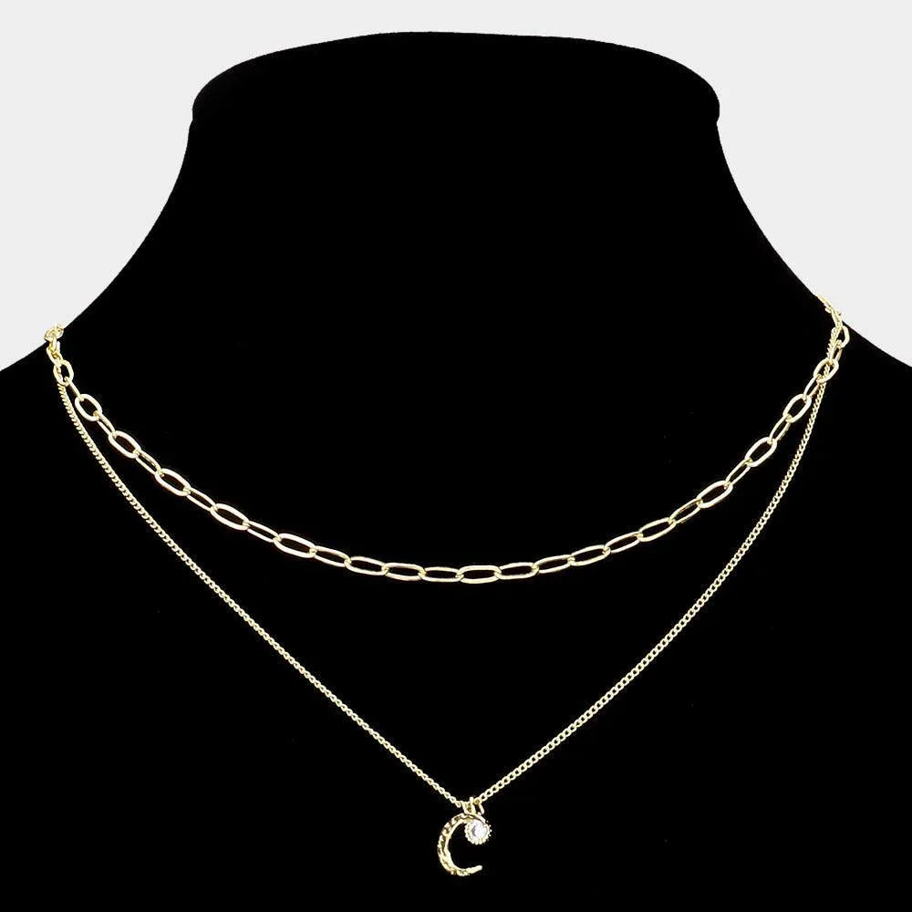 Gold Round CZ Brass Metal Crescent Moon Pendant Double Layered Necklace - Jewelry Store by Erik Rayo