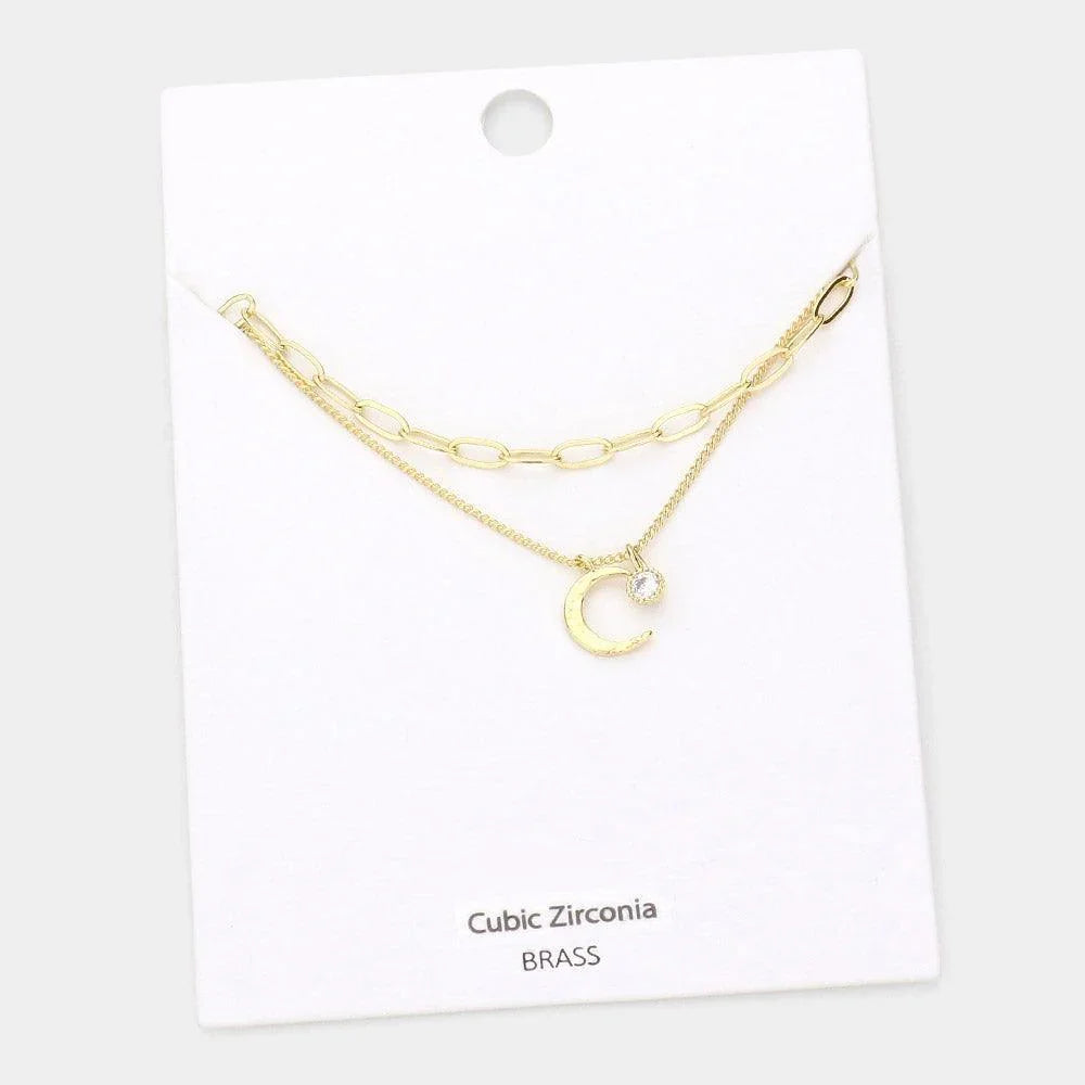 Gold Round CZ Brass Metal Crescent Moon Pendant Double Layered Necklace - Jewelry Store by Erik Rayo
