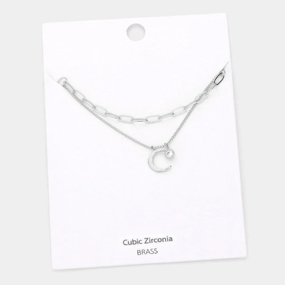 Round CZ Brass Metal Crescent Moon Pendant Double Layered Necklace - Jewelry Store by Erik Rayo