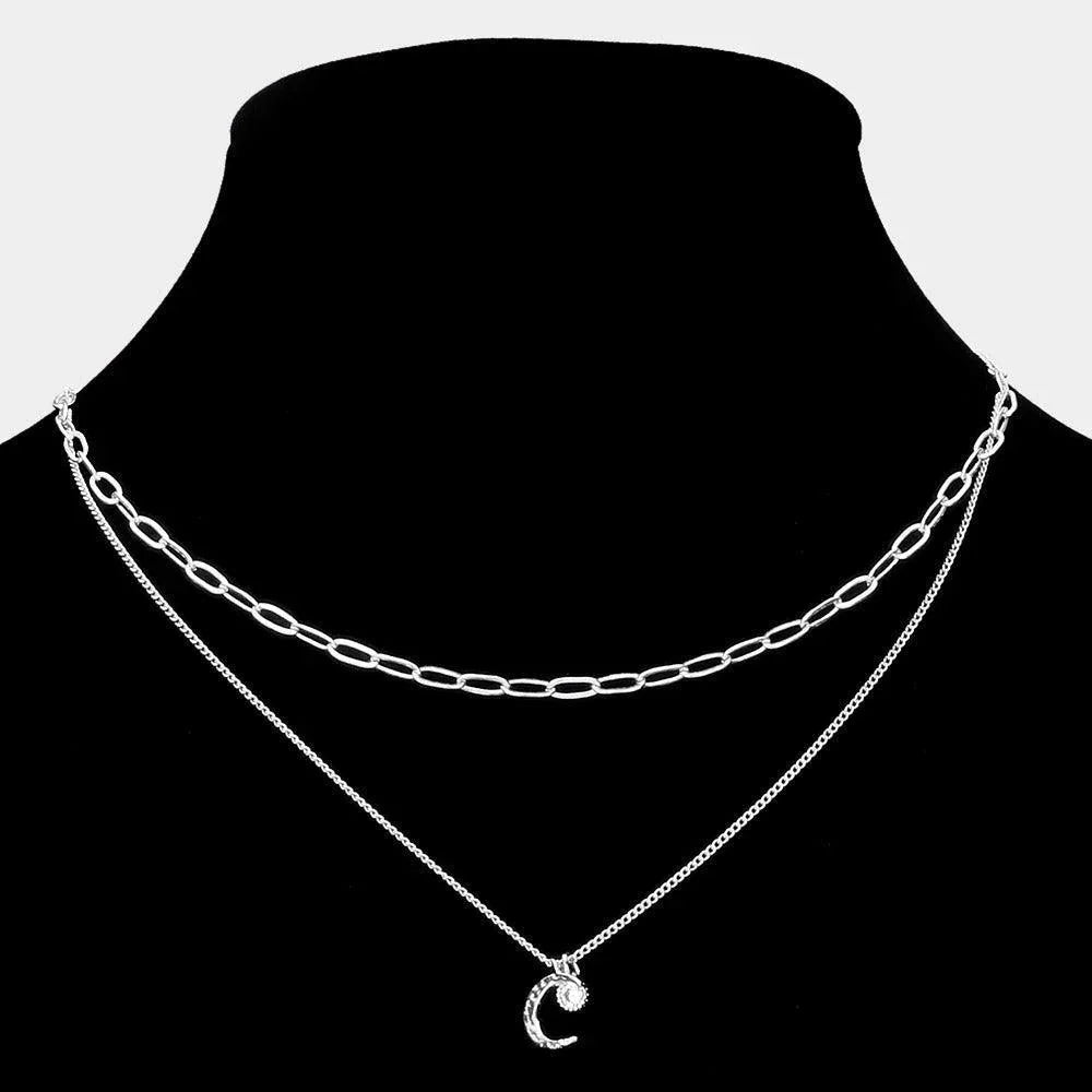 Round CZ Brass Metal Crescent Moon Pendant Double Layered Necklace - Jewelry Store by Erik Rayo
