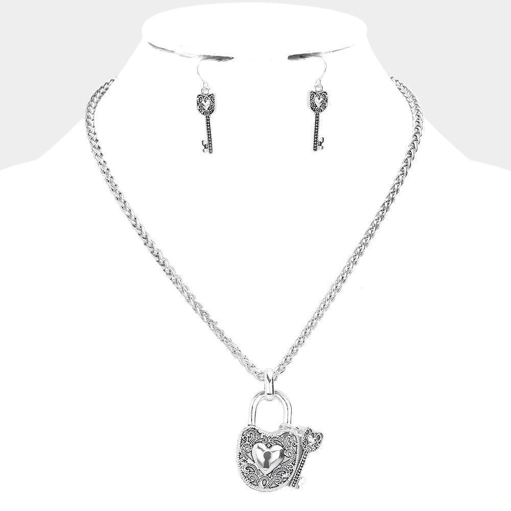 Silver Heart Centered Metal Lock Key Pendant Necklace - Jewelry Store by Erik Rayo
