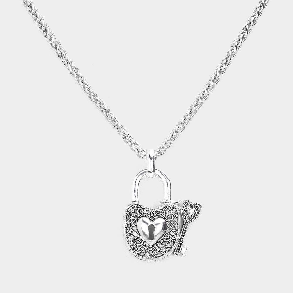 Silver Heart Centered Metal Lock Key Pendant Necklace - Jewelry Store by Erik Rayo
