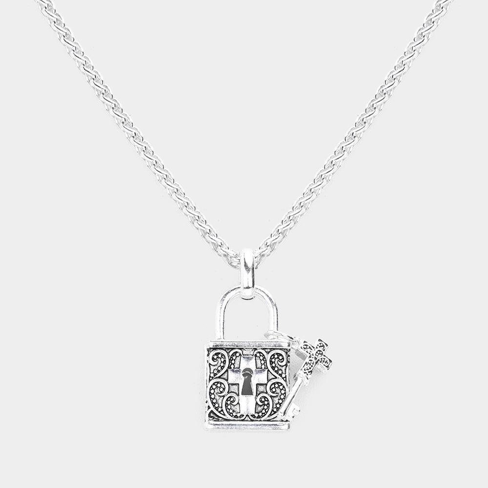 Silver Cross Centered Metal Lock Key Pendant Necklace - Jewelry Store by Erik Rayo