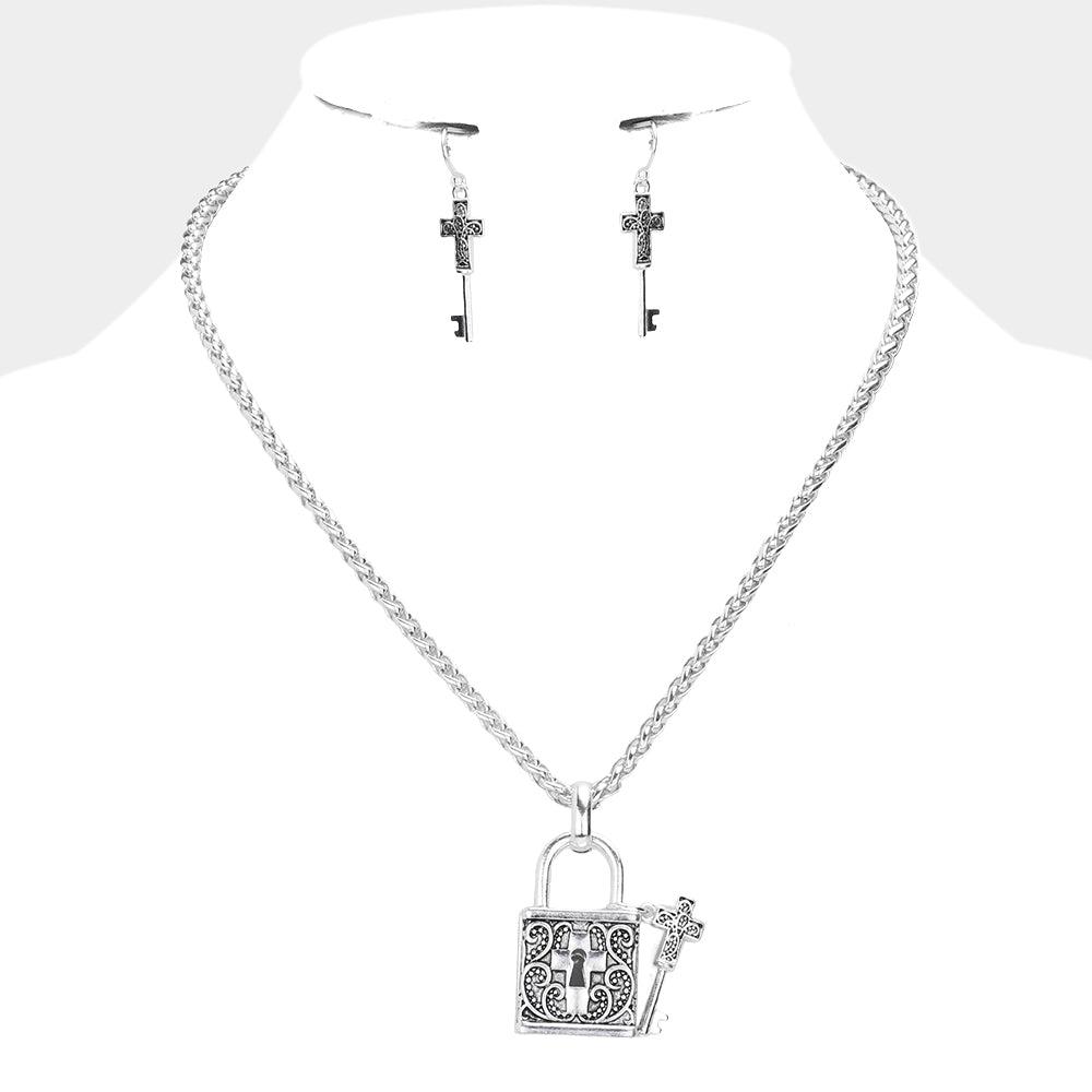 Silver Cross Centered Metal Lock Key Pendant Necklace