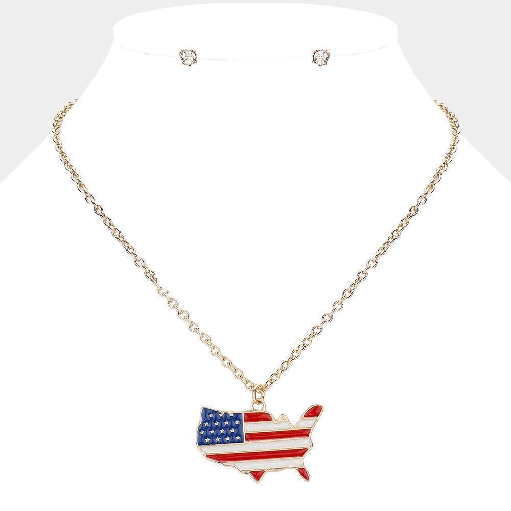 Gold Enamel American Flag America Map Pendant Necklace - Jewelry Store by Erik Rayo