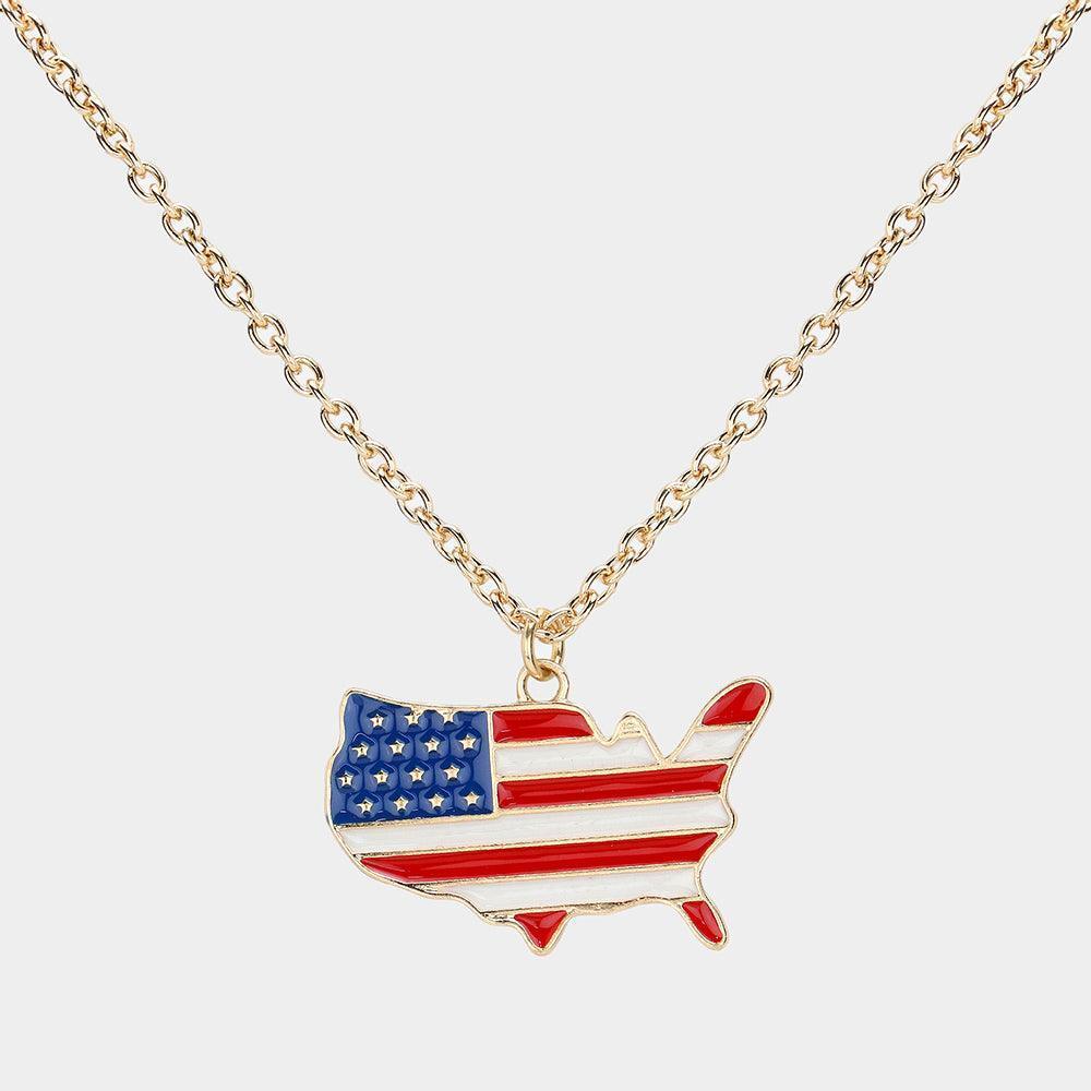 Gold Enamel American Flag America Map Pendant Necklace - Jewelry Store by Erik Rayo