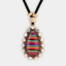 Load image into Gallery viewer, Gold Faux Leather Cord Serape Rhinestone Teardrop Necklace
