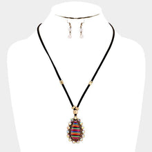 Load image into Gallery viewer, Gold Faux Leather Cord Serape Rhinestone Teardrop Necklace
