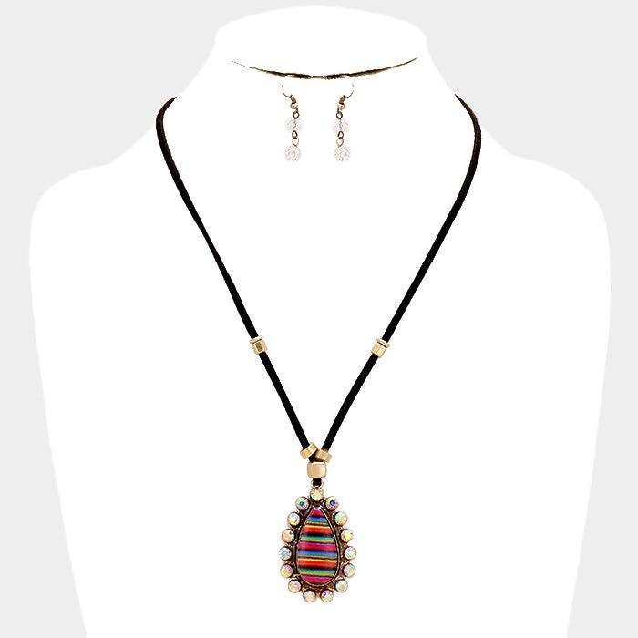 Gold Faux Leather Cord Serape Rhinestone Teardrop Necklace