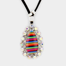 Load image into Gallery viewer, Silver Faux Leather Cord Serape Rhinestone Teardrop Necklace
