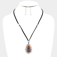 Load image into Gallery viewer, Silver Faux Leather Cord Serape Rhinestone Teardrop Necklace
