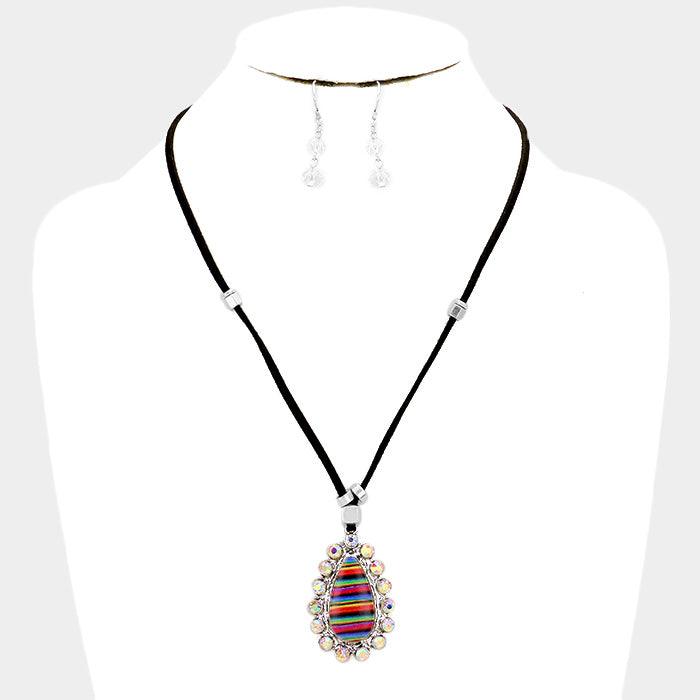 Silver Faux Leather Cord Serape Rhinestone Teardrop Necklace