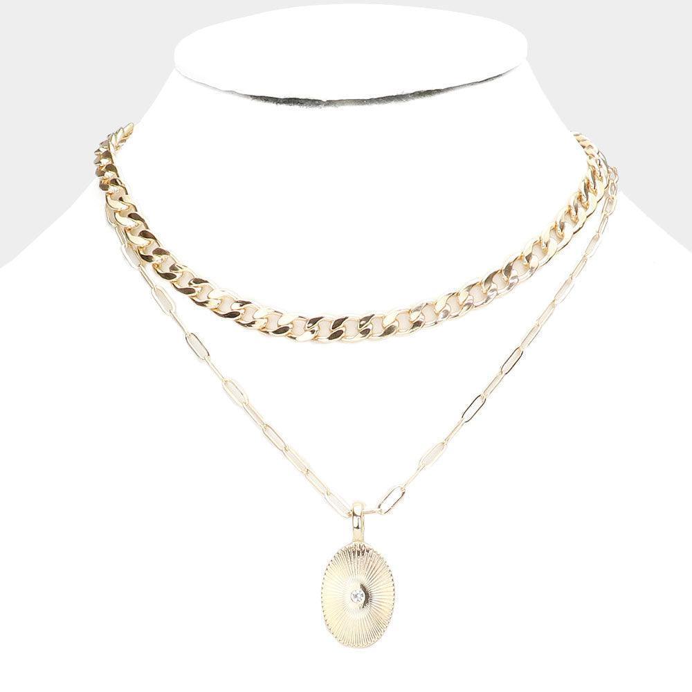 Gold Stone Centered Metal Oval Pendant Double Layered Necklace - Jewelry Store by Erik Rayo