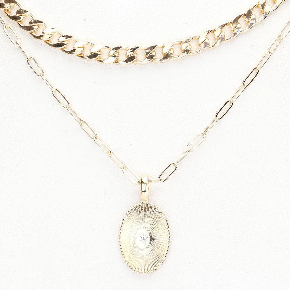 Gold Stone Centered Metal Oval Pendant Double Layered Necklace - Jewelry Store by Erik Rayo