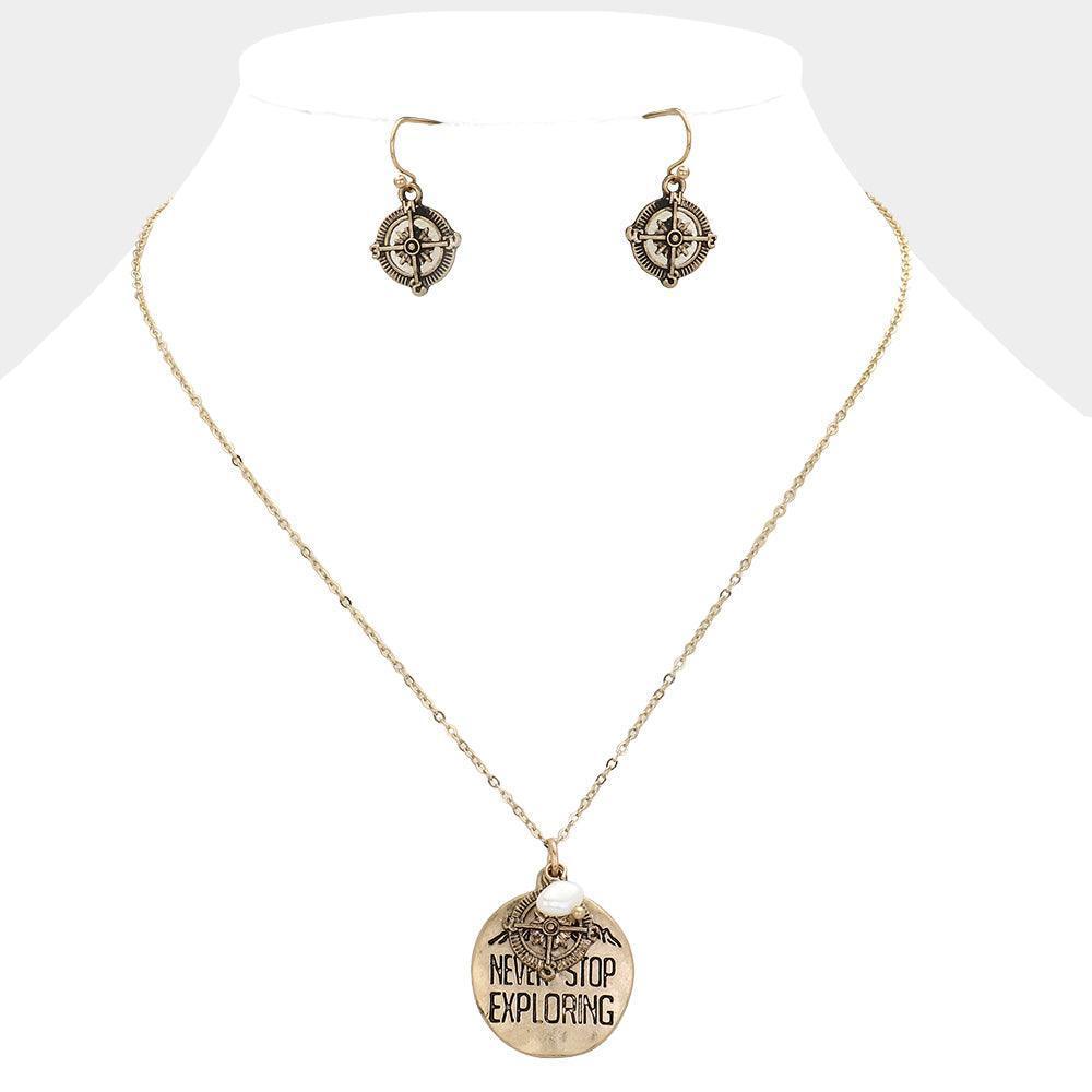 Gold Never Stop Exploring Message Round Metal Pearl Pendant Necklace - Jewelry Store by Erik Rayo