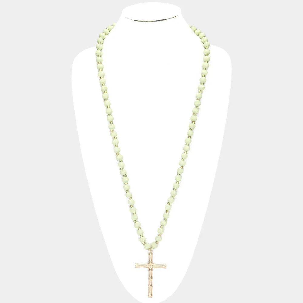 Metal Cross Pendant Wood Long Necklace - Jewelry Store by Erik Rayo