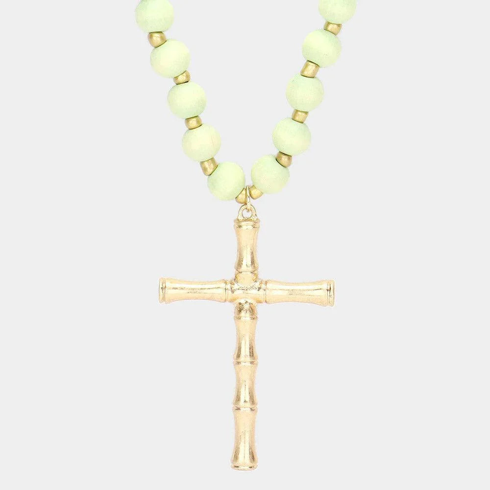 Metal Cross Pendant Wood Long Necklace - Jewelry Store by Erik Rayo