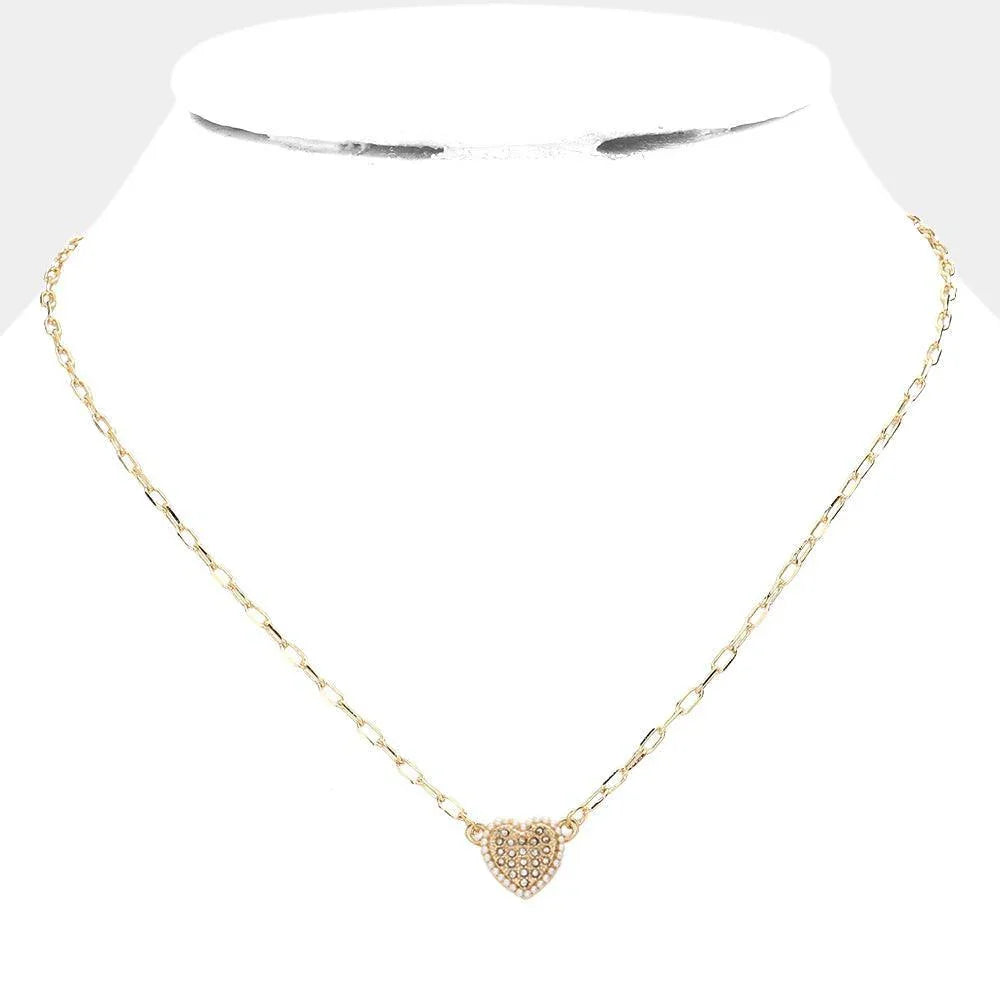 Cream Pearl Heart Pendant Paper Clip Chain Necklace - Jewelry Store by Erik Rayo