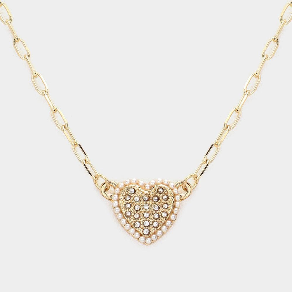 Cream Pearl Heart Pendant Paper Clip Chain Necklace - Jewelry Store by Erik Rayo