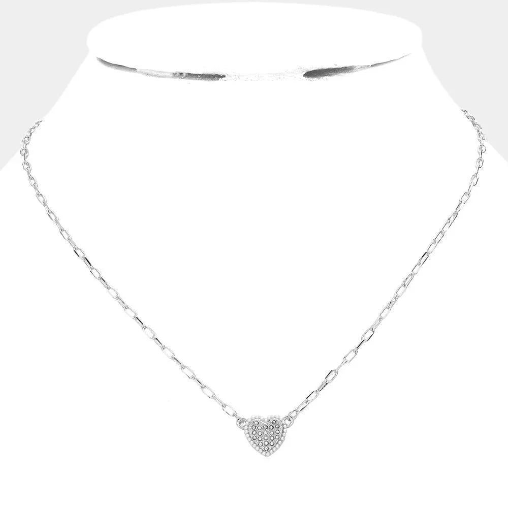White Pearl Heart Pendant Paper Clip Chain Necklace - Jewelry Store by Erik Rayo