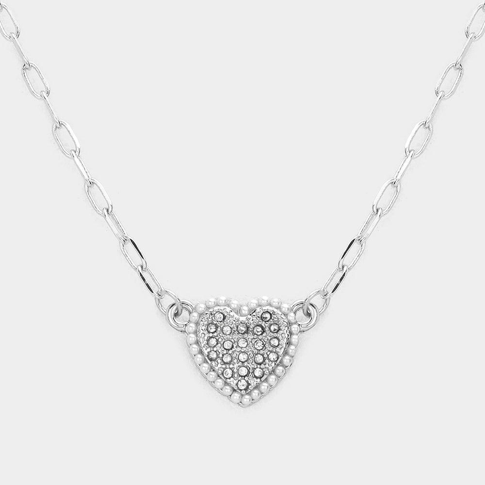 White Pearl Heart Pendant Paper Clip Chain Necklace - Jewelry Store by Erik Rayo