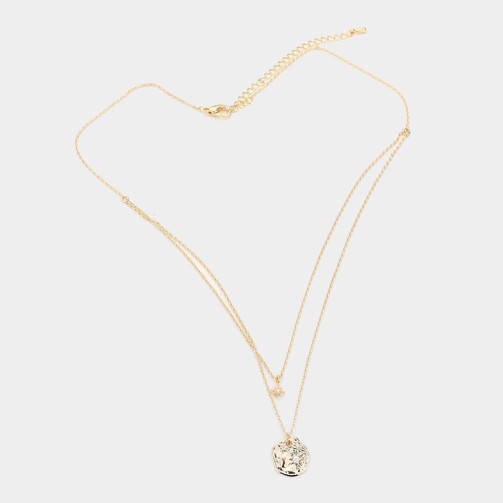Gold CZ Embellished Brass Metal North Star Pendant Double Layered Necklace - Jewelry Store by Erik Rayo
