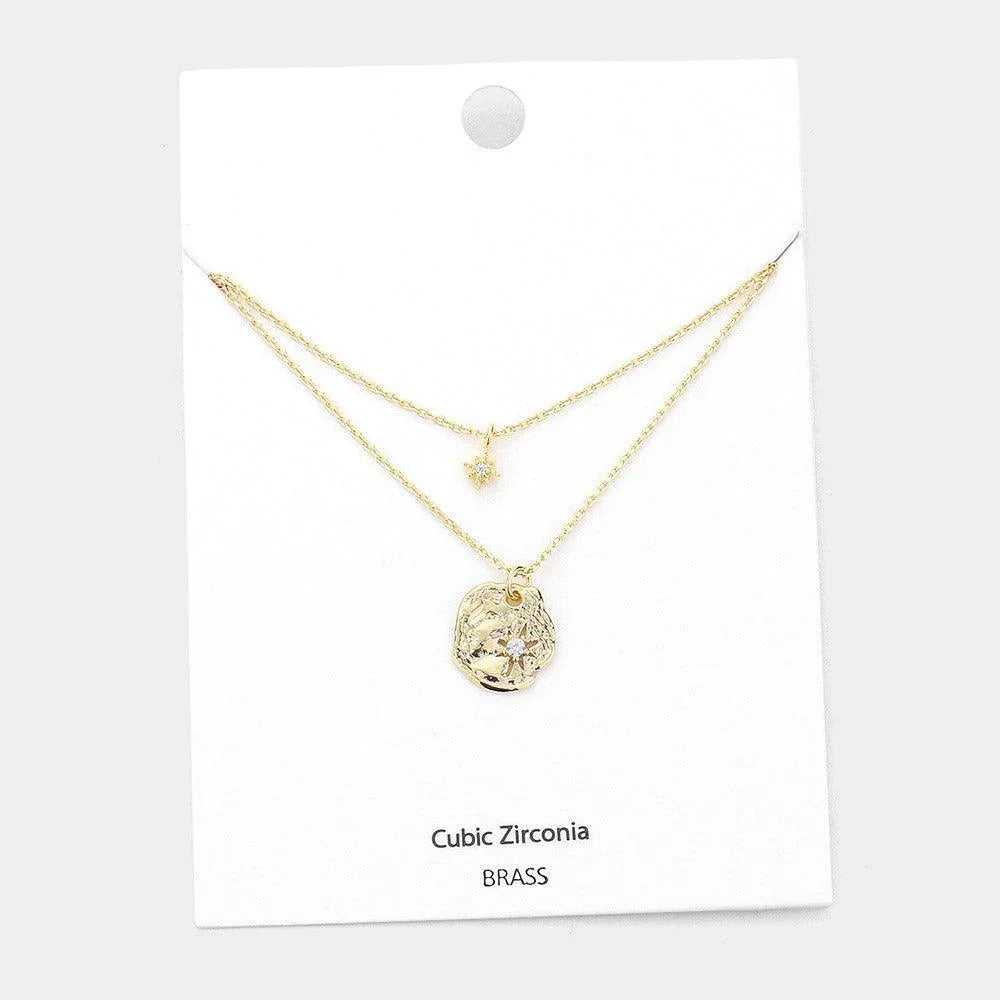 Gold CZ Embellished Brass Metal North Star Pendant Double Layered Necklace - Jewelry Store by Erik Rayo