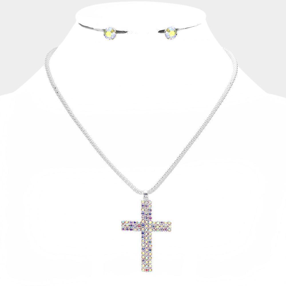 Silver Cross Pendant Necklace Rhinestone Paved - Jewelry Store by Erik Rayo