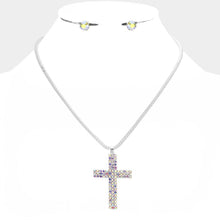 Load image into Gallery viewer, Silver Cross Pendant Necklace Rhinestone Paved
