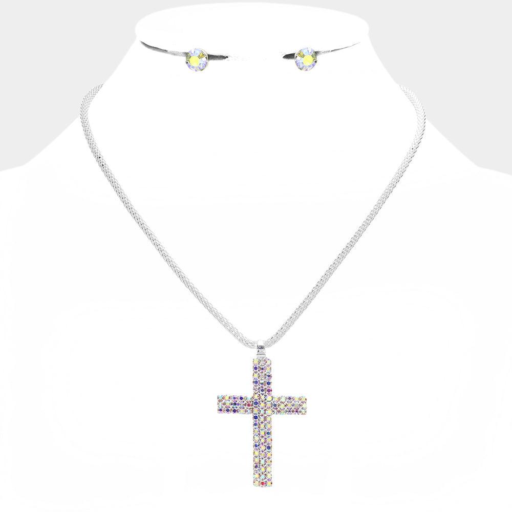 Silver Cross Pendant Necklace Rhinestone Paved