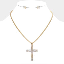 Load image into Gallery viewer, Gold Cross Pendant Necklace Rhinestone Paved
