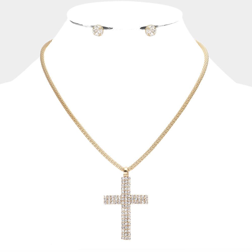 Gold Cross Pendant Necklace Rhinestone Paved