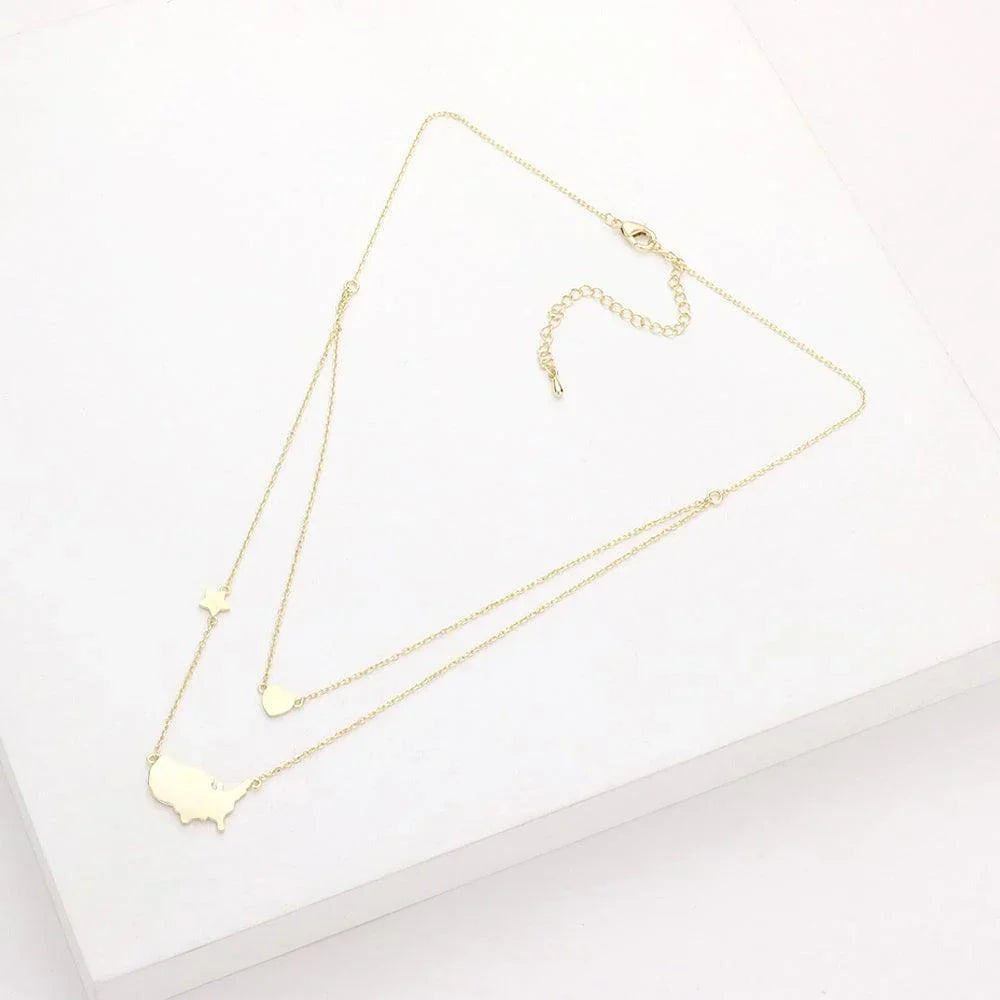 Gold Metal American USA Flag United State Map Star Heart Pendant Double Layered Necklace - Jewelry Store by Erik Rayo