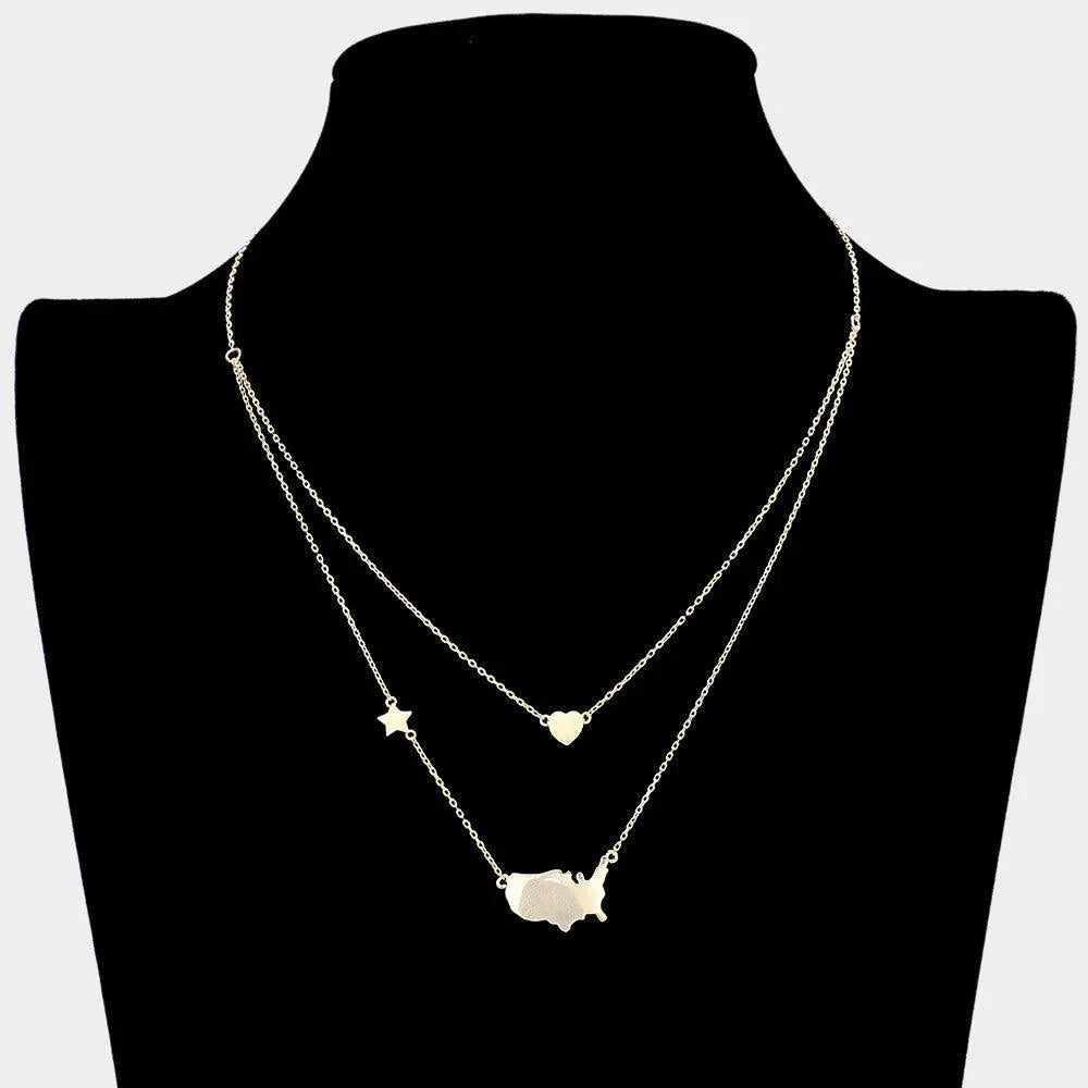 Gold Metal American USA Flag United State Map Star Heart Pendant Double Layered Necklace - Jewelry Store by Erik Rayo