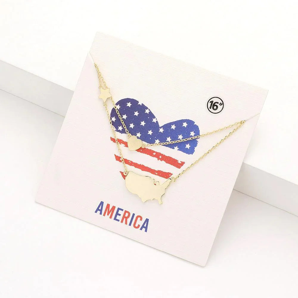 Gold Metal American USA Flag United State Map Star Heart Pendant Double Layered Necklace - Jewelry Store by Erik Rayo