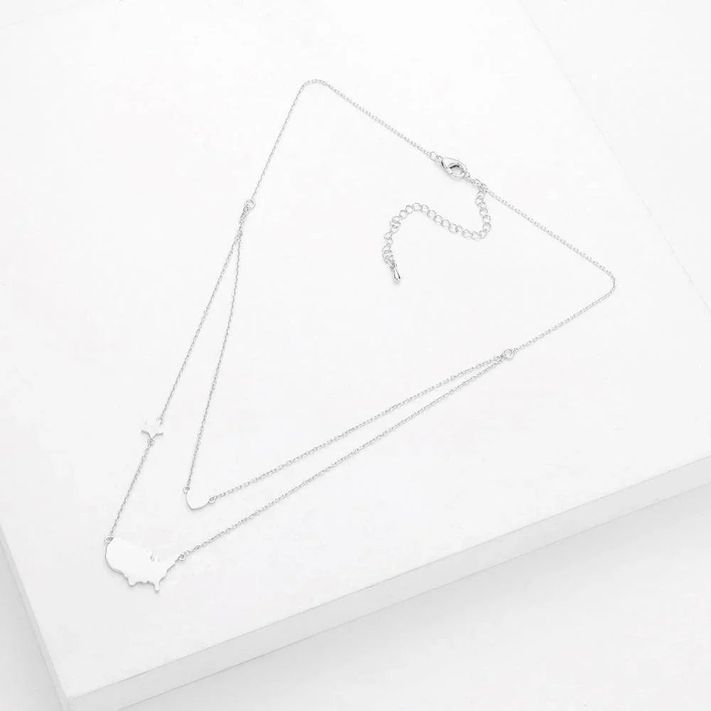 Metal American USA Flag United State Map Star Heart Pendant Double Layered Necklace - Jewelry Store by Erik Rayo