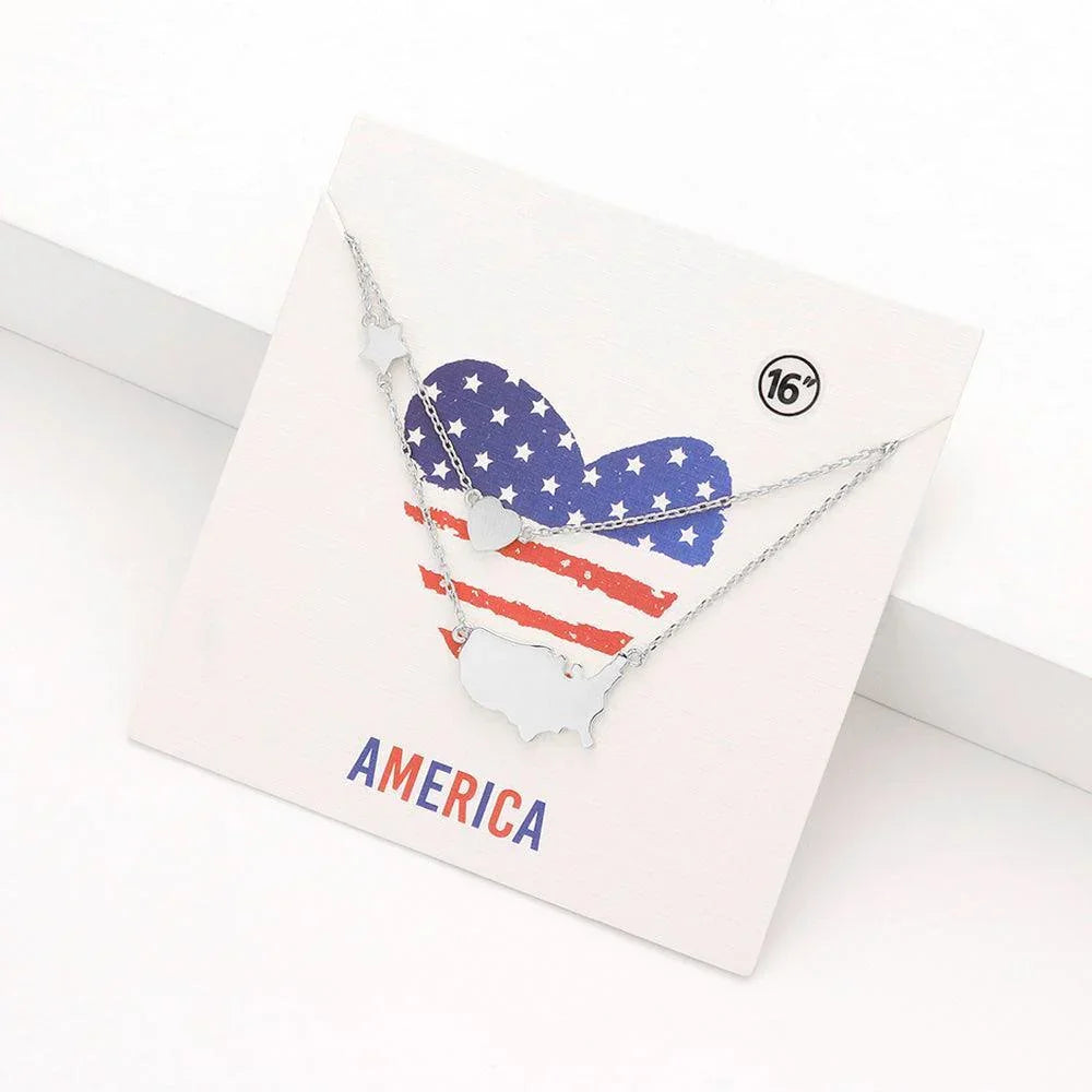 Metal American USA Flag United State Map Star Heart Pendant Double Layered Necklace - Jewelry Store by Erik Rayo