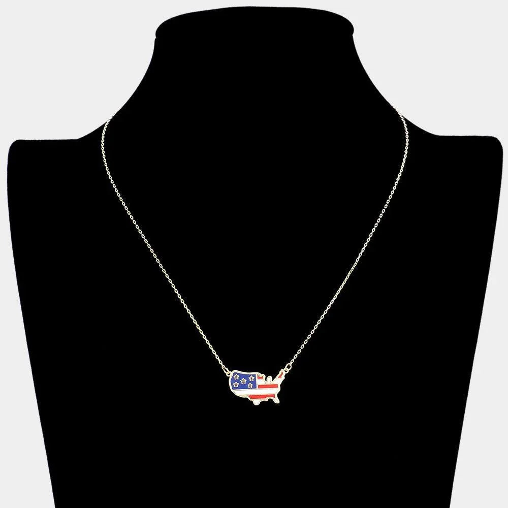Gold American USA Flag Printed United State Map Pendant Necklace - Jewelry Store by Erik Rayo