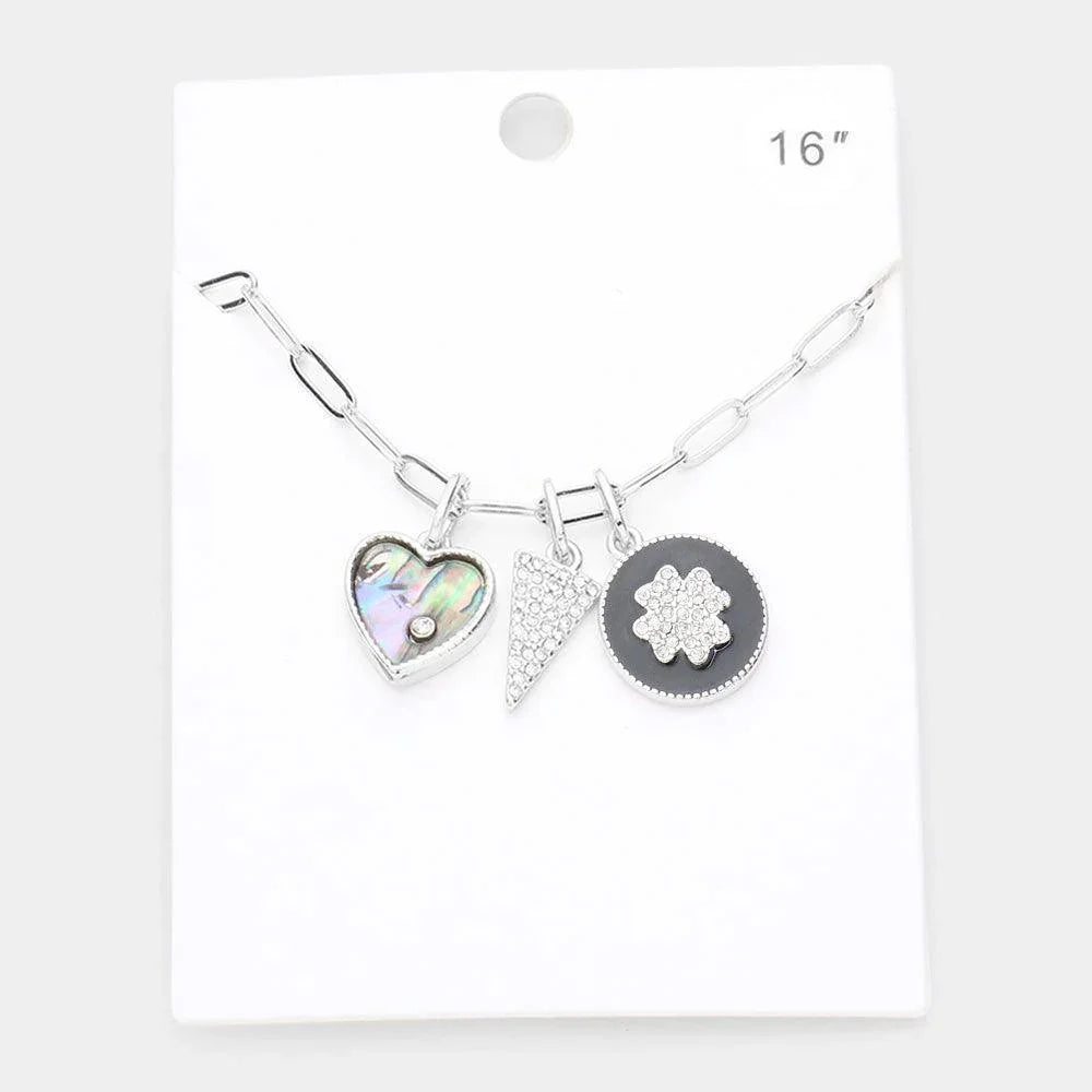 Rhinestone Embellished Abalone Heart Triangle Quatrefoil Pendant Necklace - Jewelry Store by Erik Rayo