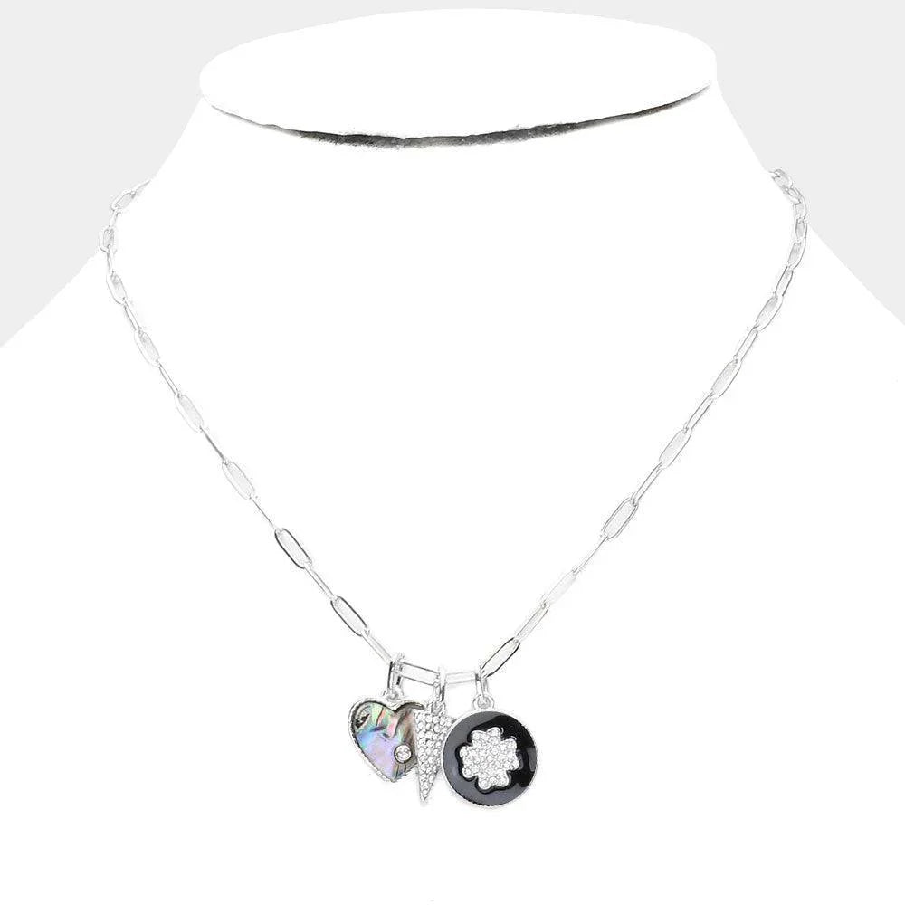 Rhinestone Embellished Abalone Heart Triangle Quatrefoil Pendant Necklace - Jewelry Store by Erik Rayo