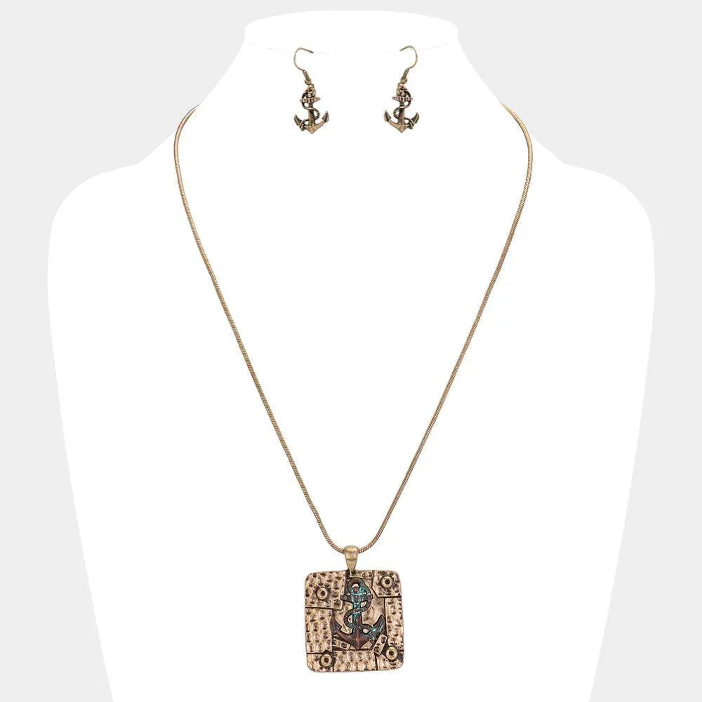 Gold Antique Square Metal Anchor Pendant Necklace - Jewelry Store by Erik Rayo